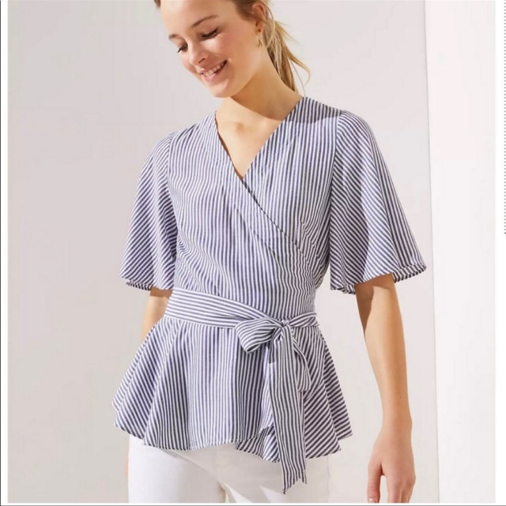 Navy and white wrap Loft top.